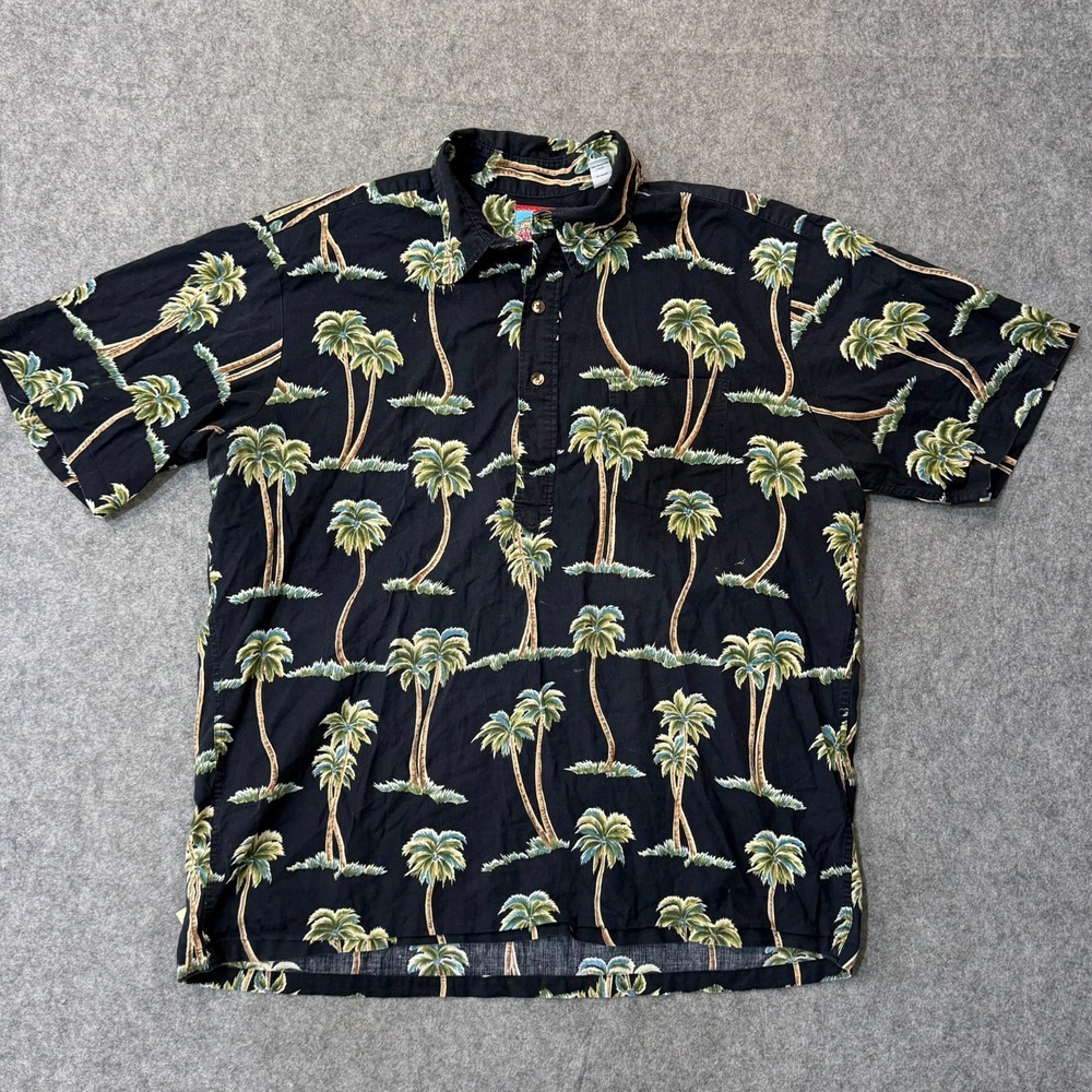 Reyn Spooner Hawaiian Palm Tree Short Sleeve Black Button Up Polo Shirt Size XL
